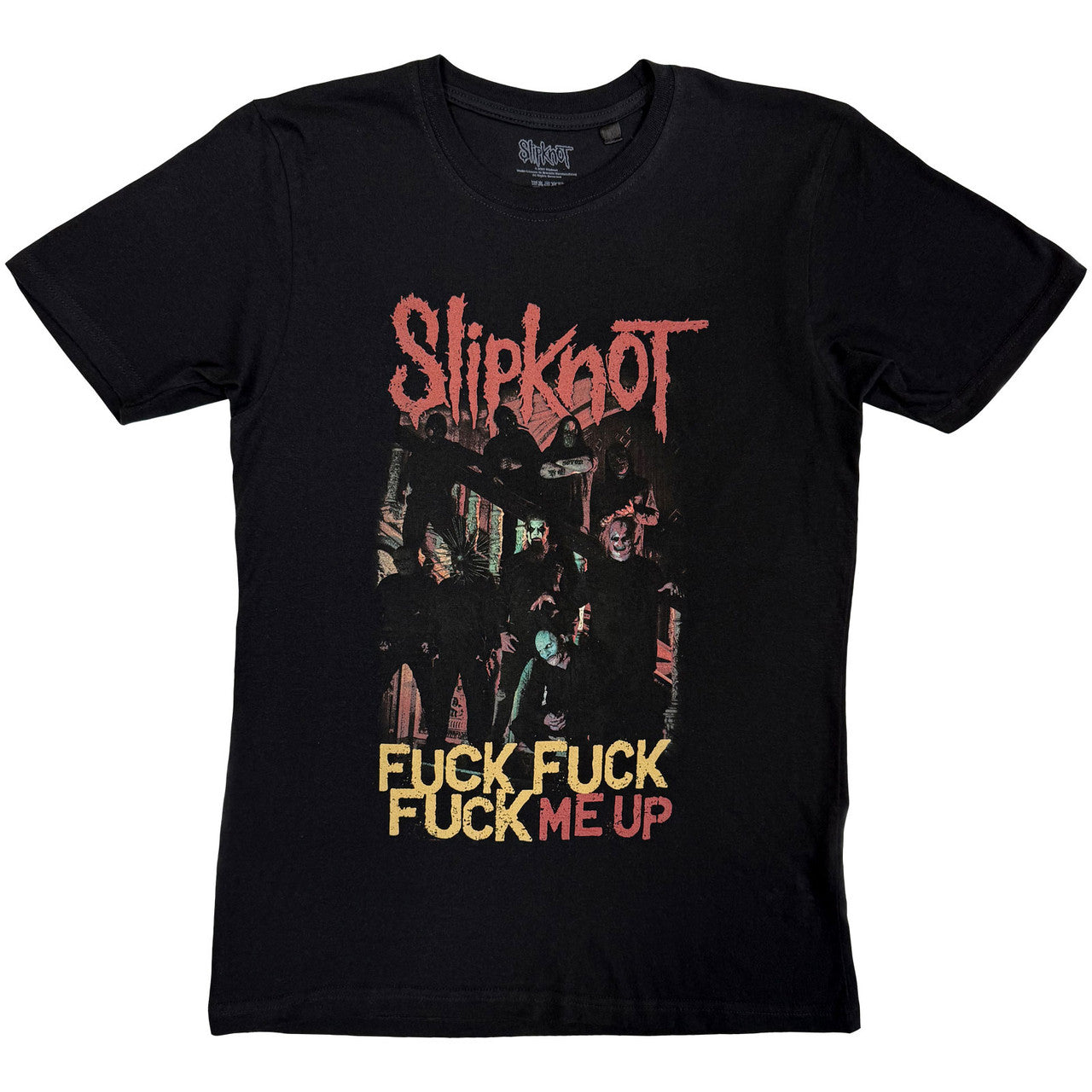 Camiseta Slipknot - Fuck Me Up con estampado agresivo y oscuro, reflejando la energía y actitud característica de la banda. Ideal para auténticos fans del metal y el estilo alternativo
