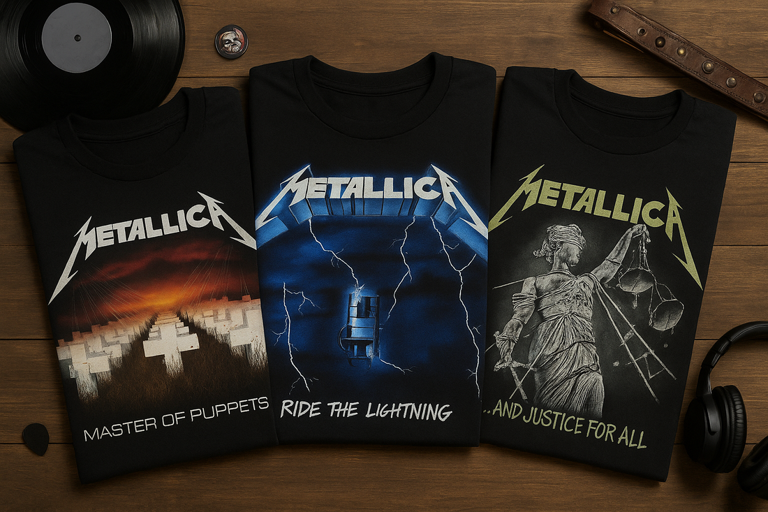 Camisetas de Metallica dobladas sobre mesa — Master of Puppets, Ride the Lightning y And Justice for All con accesorios rockeros