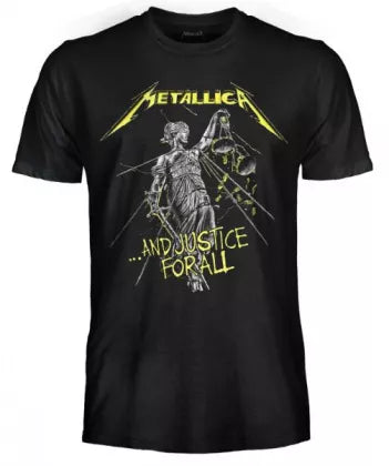 Camiseta Metallica - …And Justice for All con el icónico diseño del álbum de 1988, mostrando a Lady Justice rota, símbolo de la crítica a la corrupción y la injusticia social.